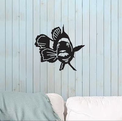 Metal Wall Hanging Clown Fish Decor, 12" x 12", BLK