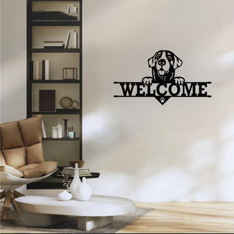 Metal Wall Hanging Small Dog Welcome Sign, 18" x 14:", BLK