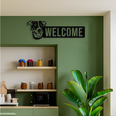 Metal Wall Hanging Medium Size Dog Welcome Wall Art Decor, 16" x 8", BLK