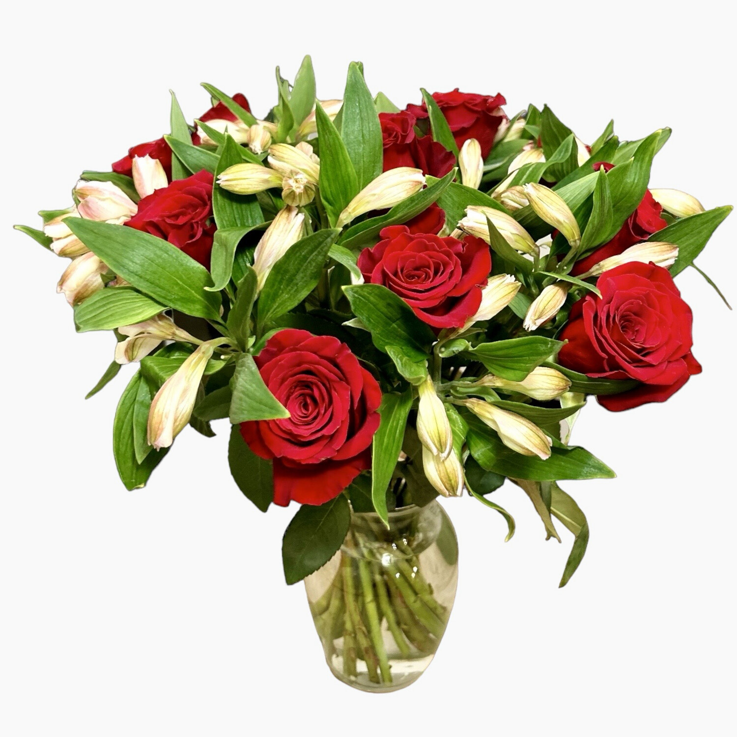 Bouquet in a vase of roses and alstroemeria.