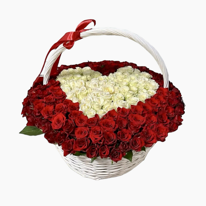 Heart of 100 Roses in a basket.
