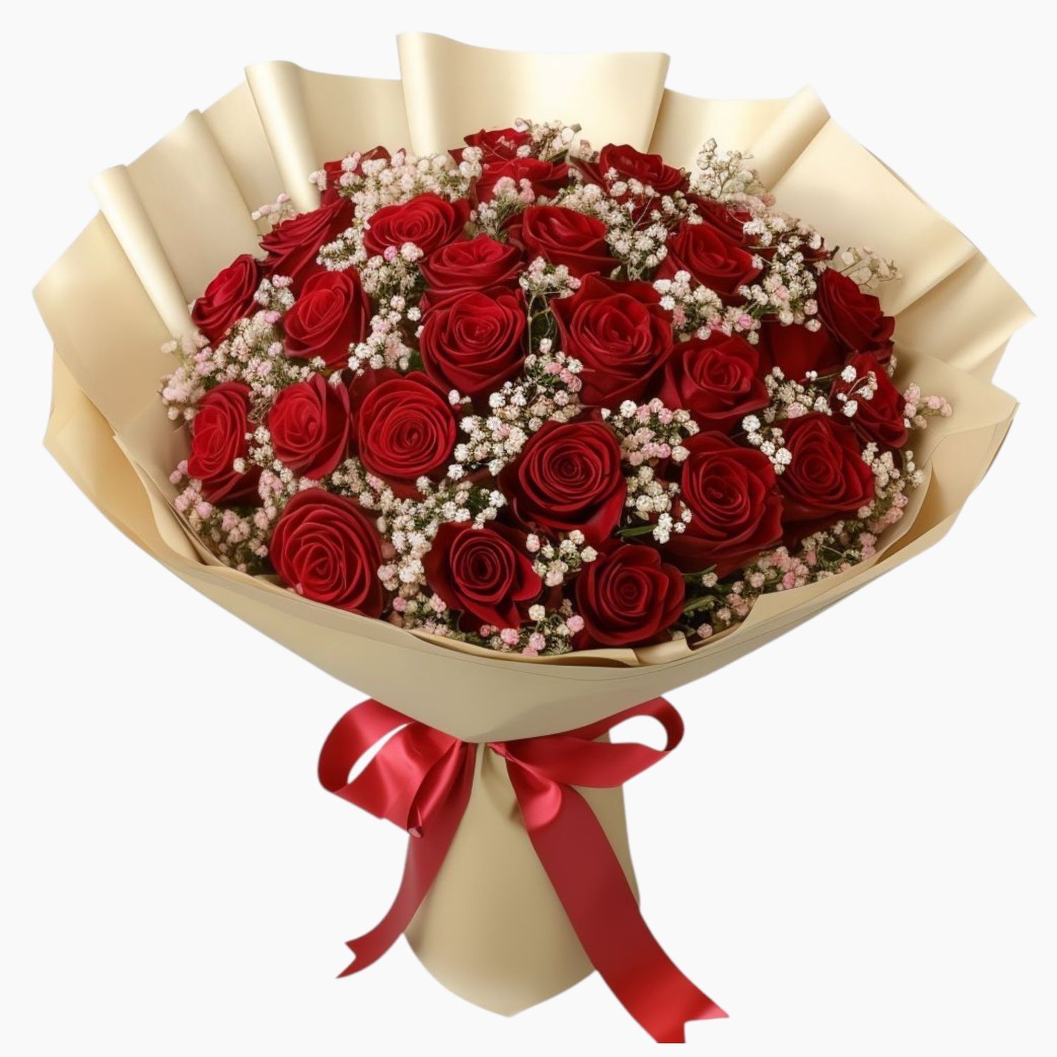 Bouquet of 36 red roses with gypsophila