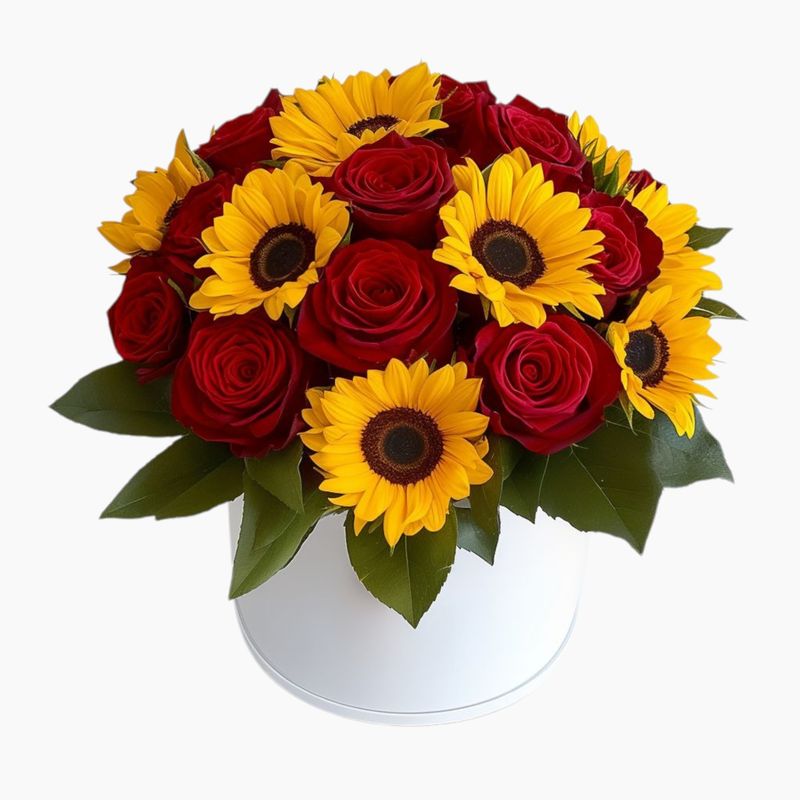 Sunflowers and Red Roses in Box