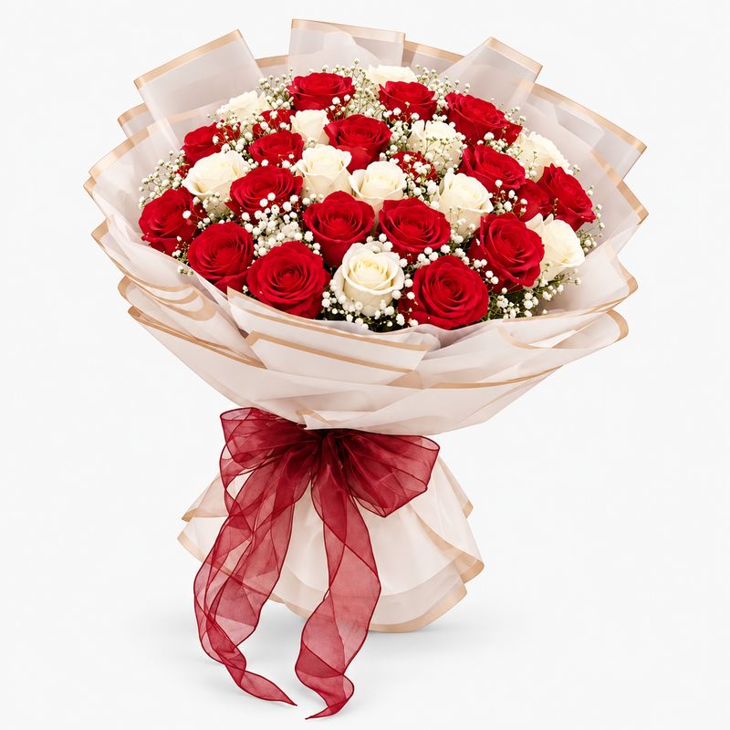 Ramo de 36 rosas blancas y rojas.