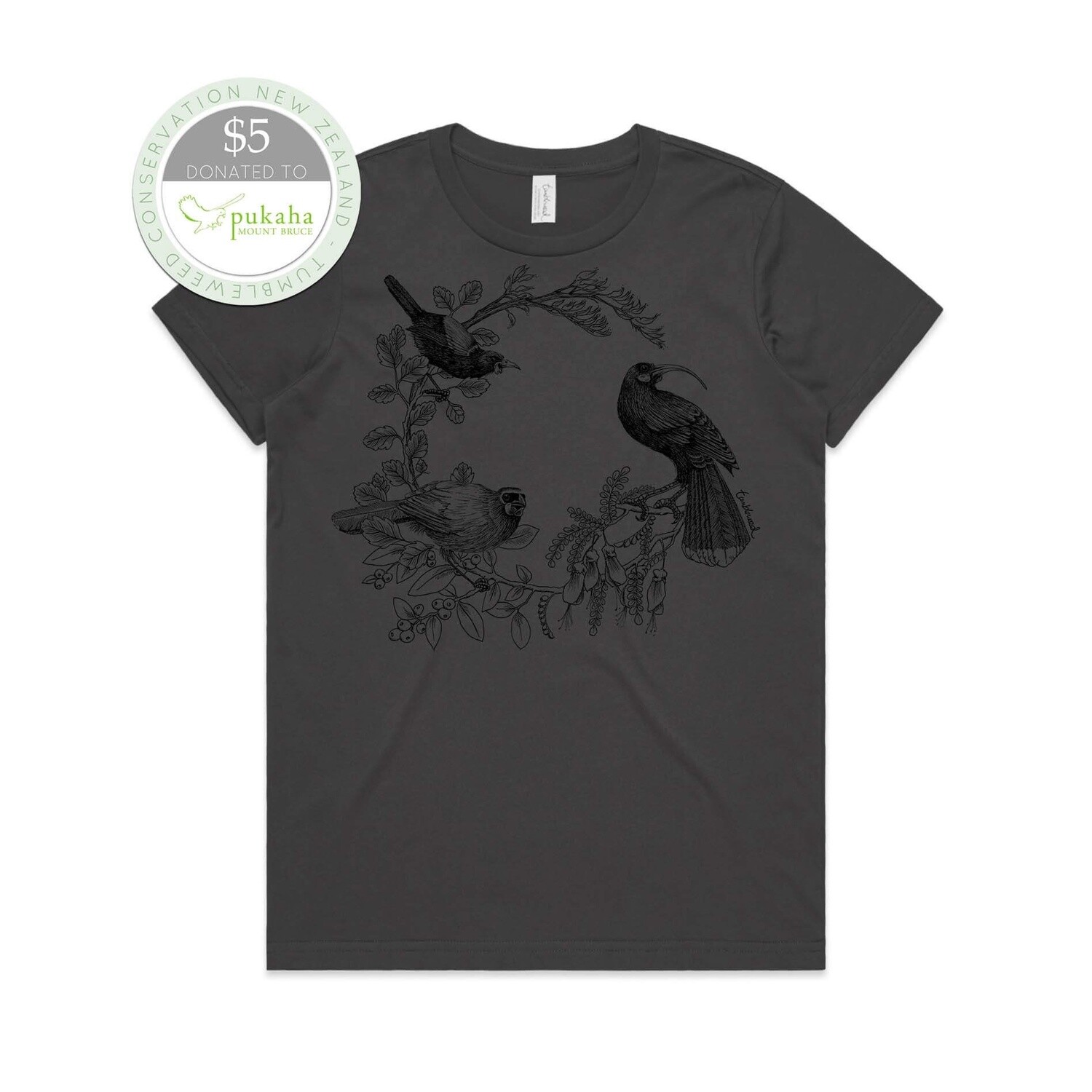 Wattlebird Wreath T-Shirt - charcoal, womens
