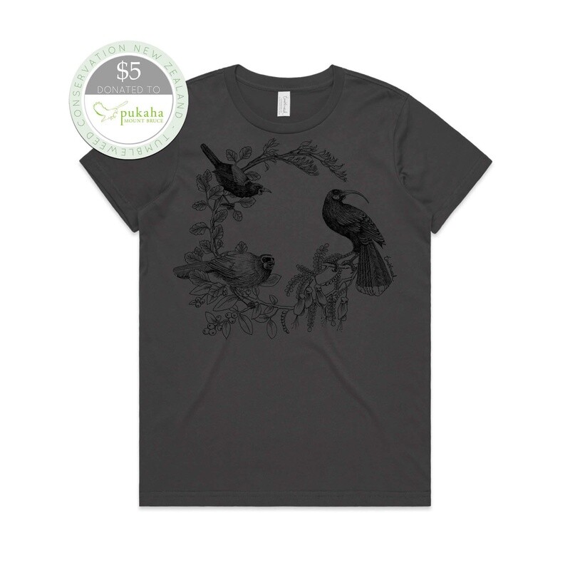 Wattlebird Wreath T-Shirt - charcoal, womens Wattlebird Wreath T-Shirt - charcoal, womens