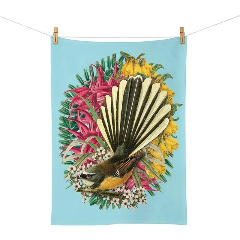 Tea Towel- Botanical pīwakawaka/Fantail