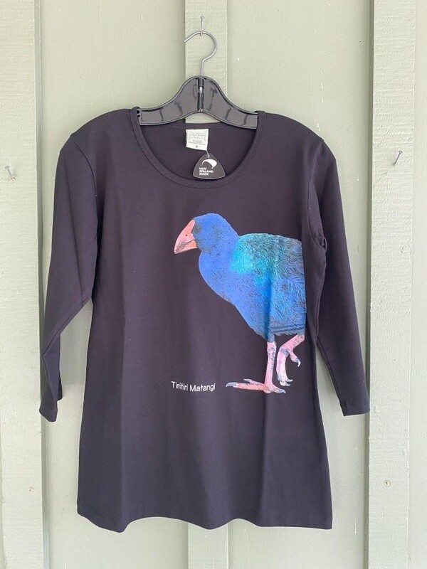 ¾ Sleeve T-Shirt: takahē, black, womens