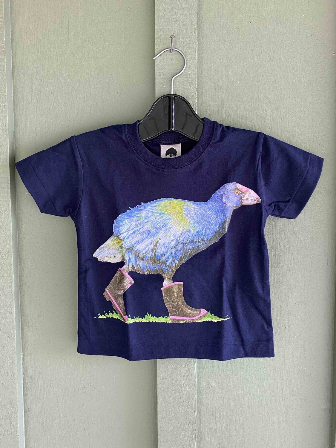 T-Shirt: takahē in gumboots, navy, kids