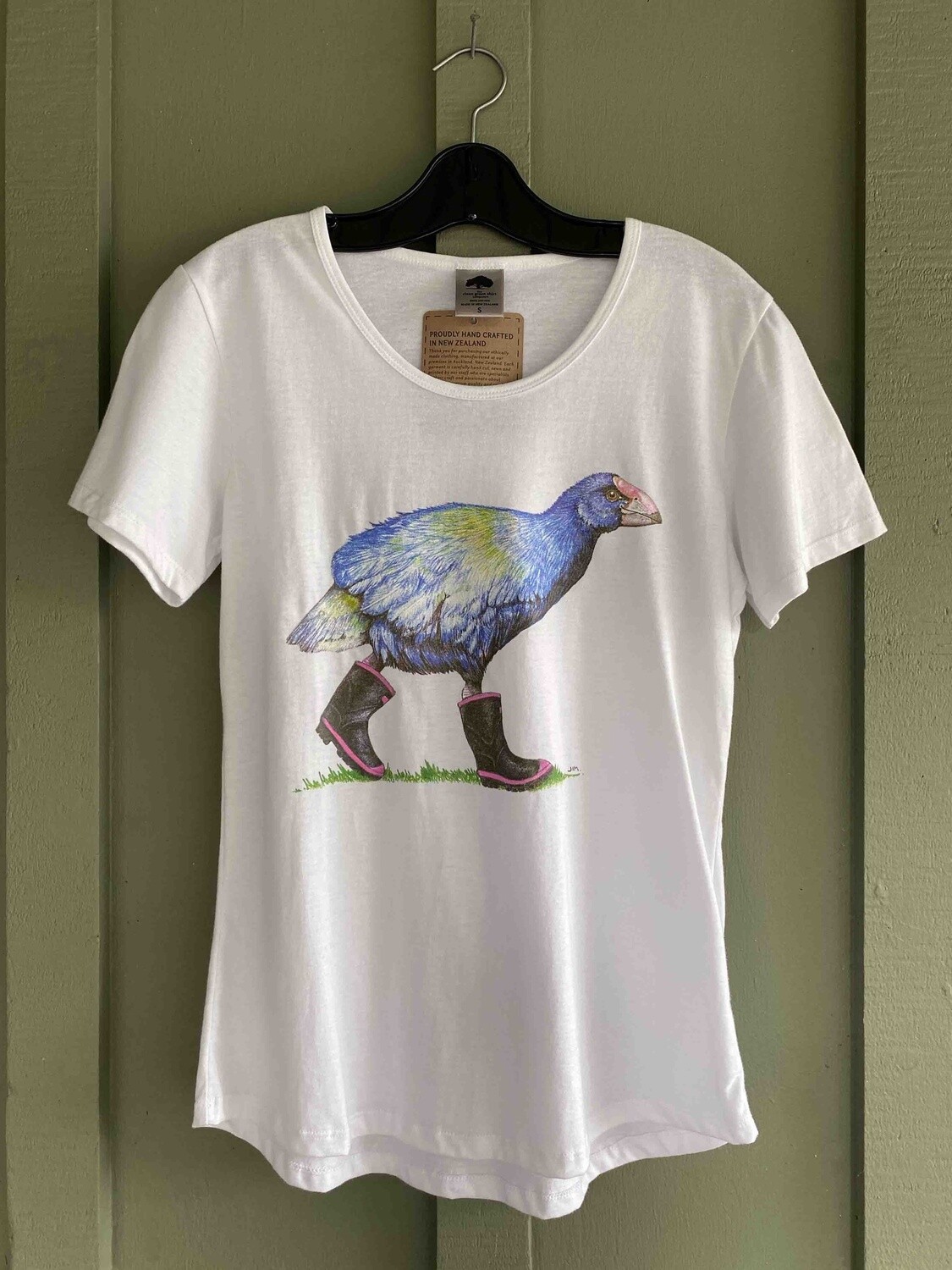 T-Shirt: takahē in gumboots, white, womens