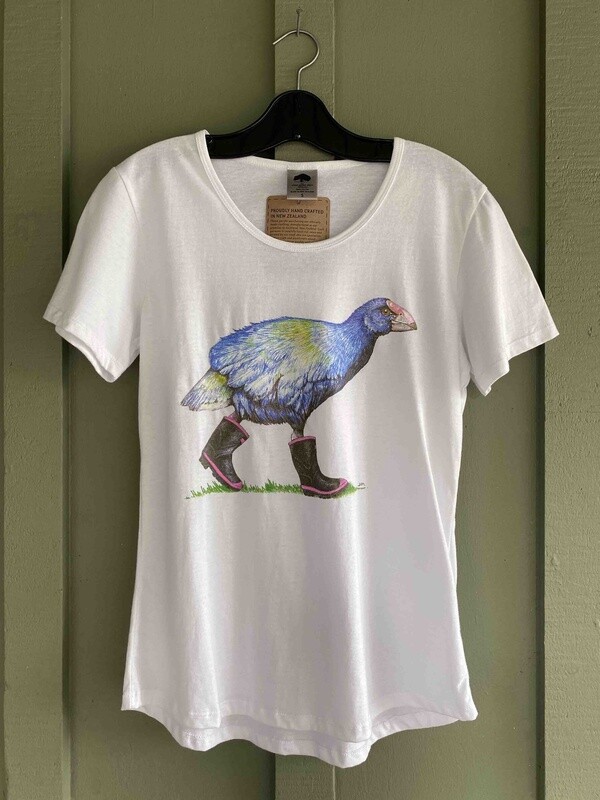 T-Shirt: takahē in gumboots, white, womens