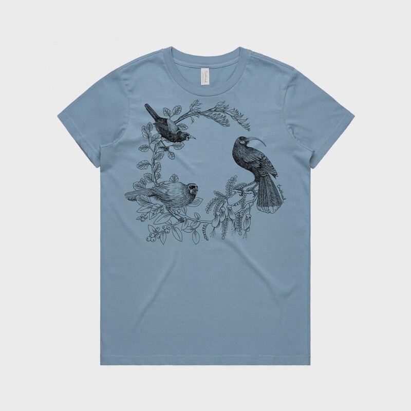 Wattlebird Wreath T-Shirt - blue, womens Wattlebird Wreath T-Shirt - blue, womens
