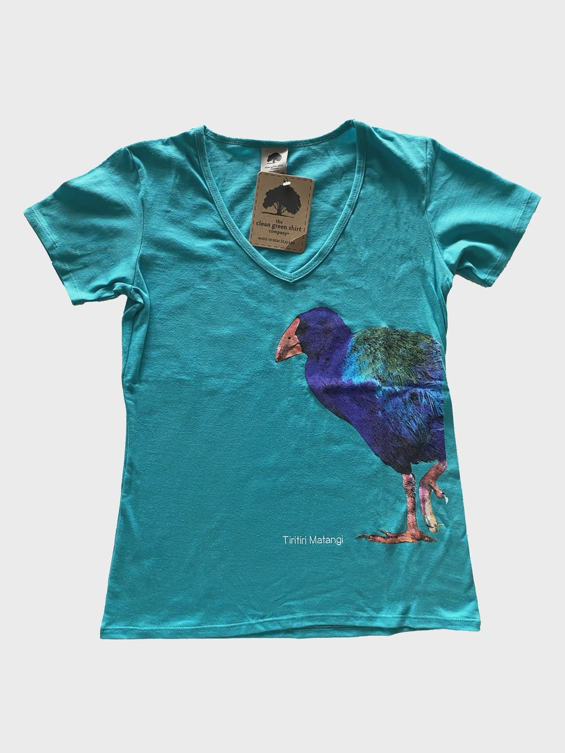 Vneck T-Shirt- takahē, teal, womens