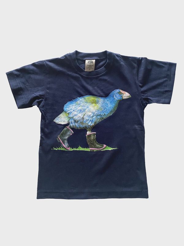 T-Shirt: takahē in gumboots, navy, kids