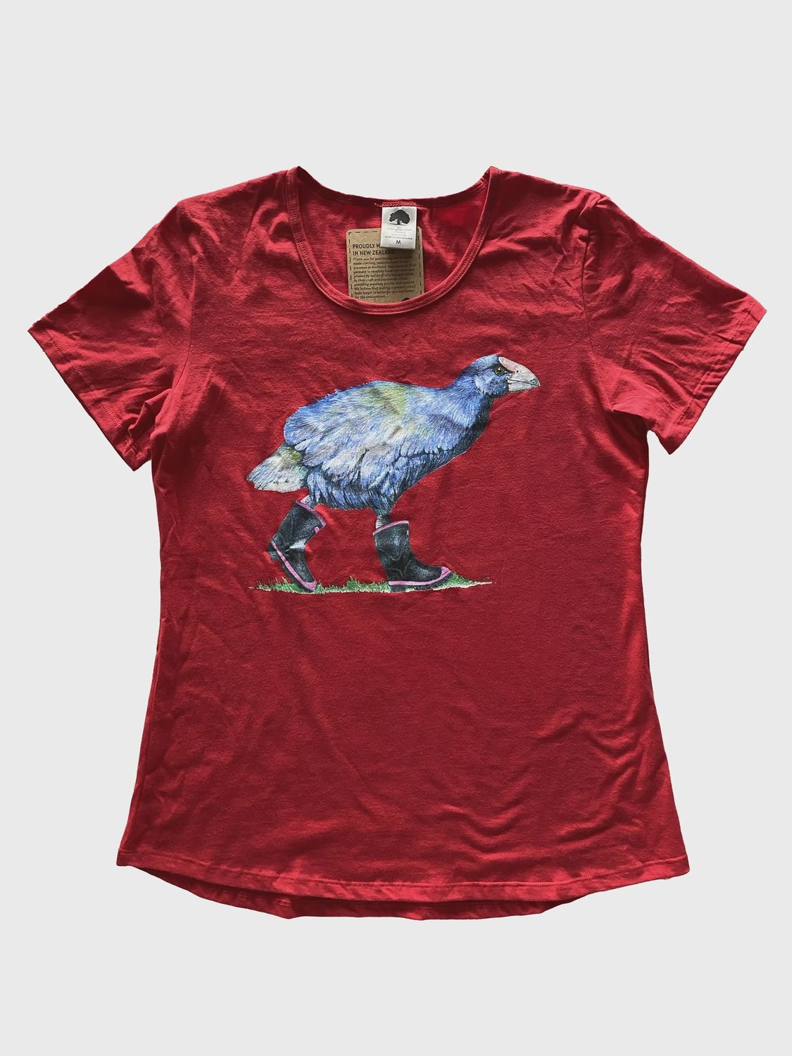T-Shirt: takahē in gumboots, red, womens T-Shirt: takahē in gumboots, red, womens