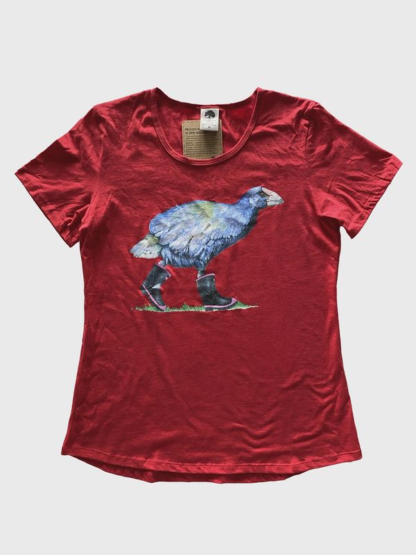 T-Shirt: takahē in gumboots, red, womens