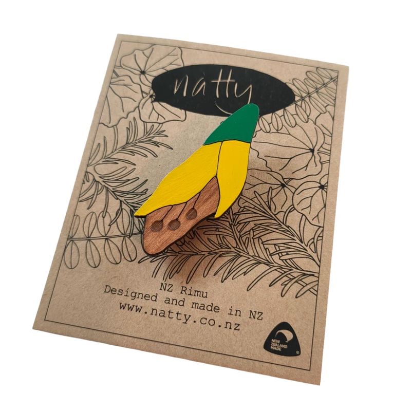 Brooch- Kōwhai, rimu, handpainted