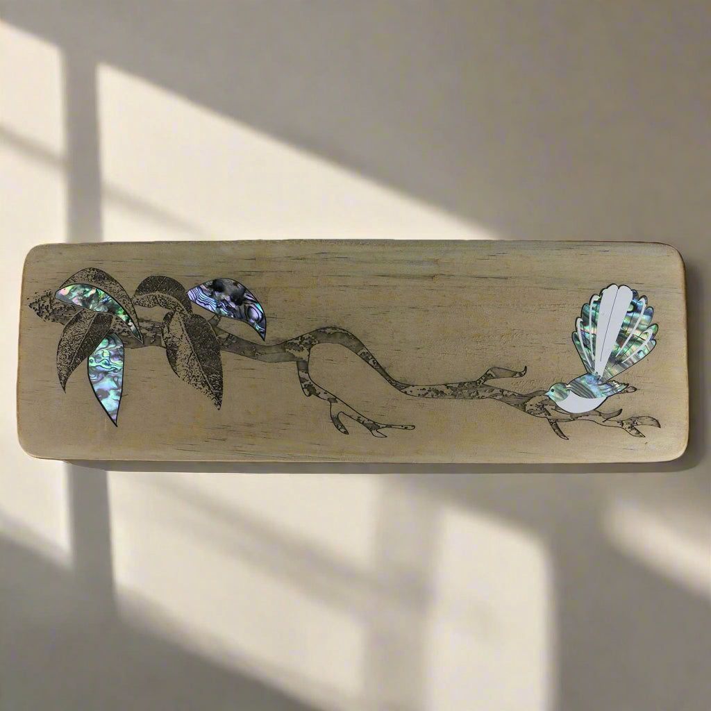 Wall Art- Recyclewood & Pāua, pīwakawaka/fantail