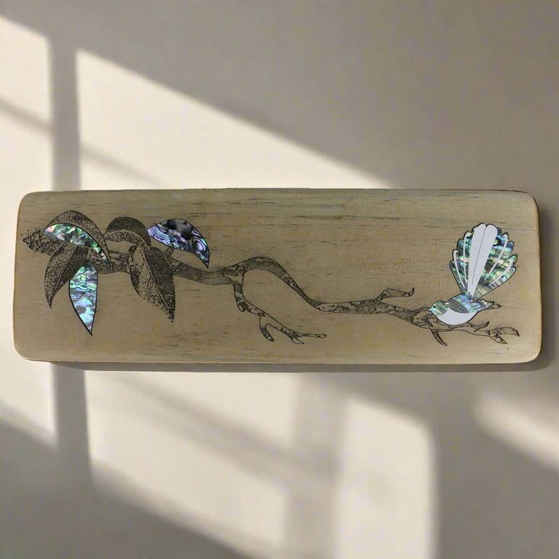 Wall Art- Recyclewood & Pāua, pīwakawaka/fantail