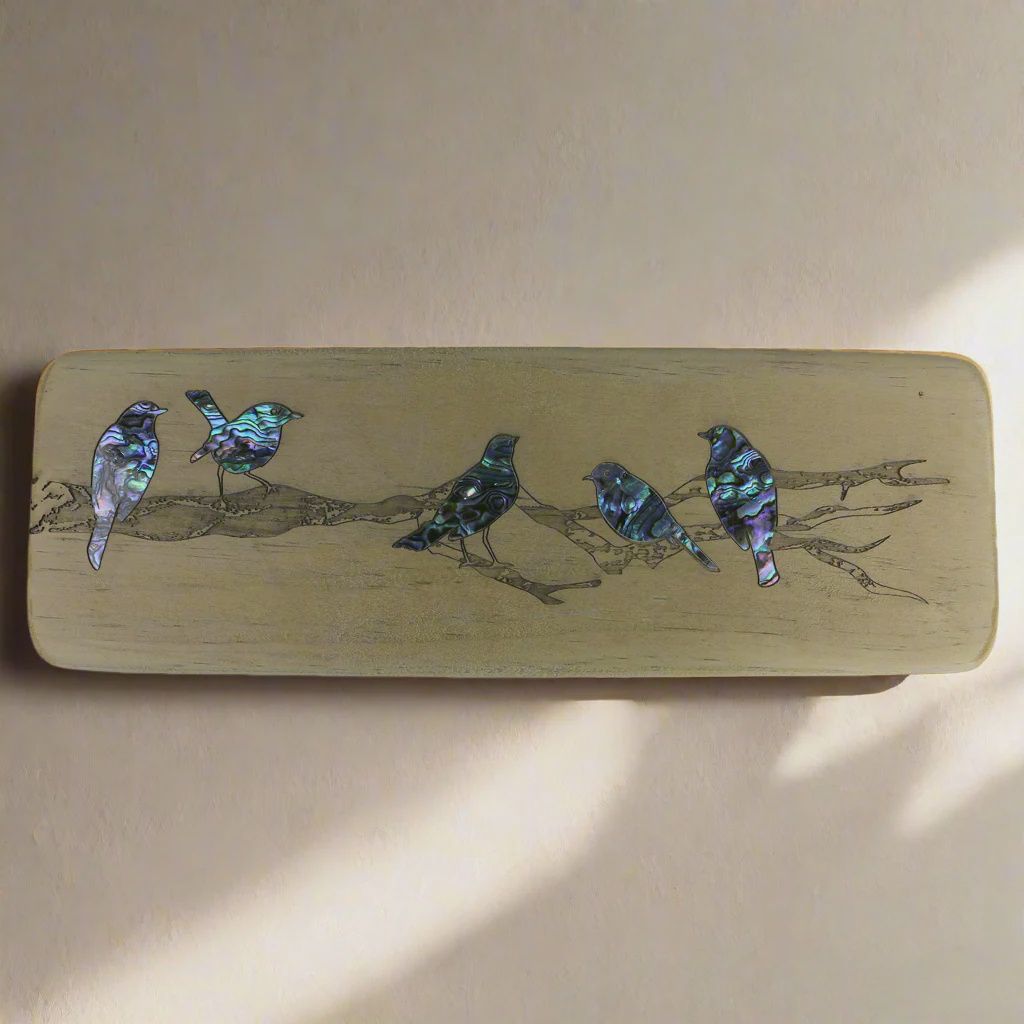 Wall Art- Recyclewood & Pāua, birds on branch