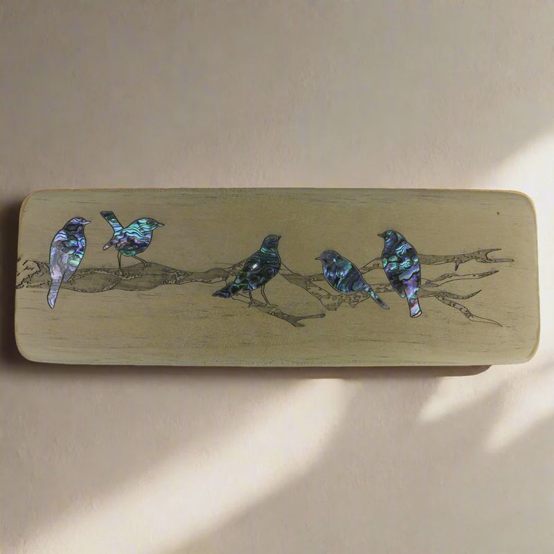 Wall Art- Recyclewood & Pāua, birds on branch