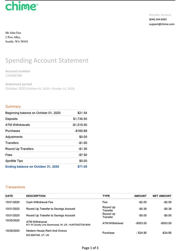 Chime Bank Statement Template Chime Bank Statement Template