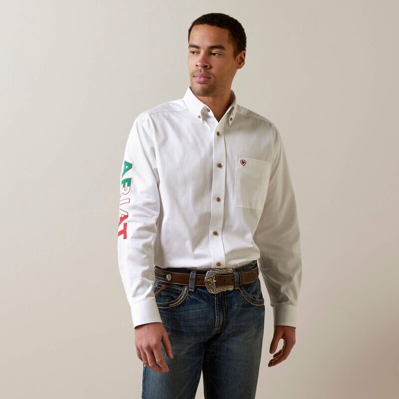 Ariat Men&#39;s Team Logo Twill Classic Fit Shirt Color: White/Mexico Style: 10040911