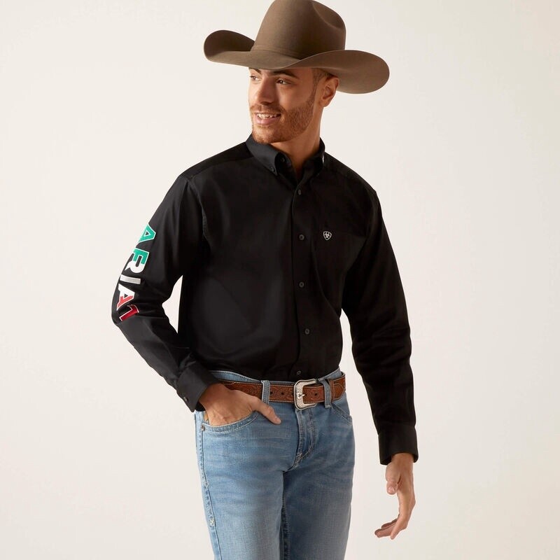 Ariat Men&#39;s Team Logo Twill Classic Fit Shirt Color: Black/Mexico Style: 10038500