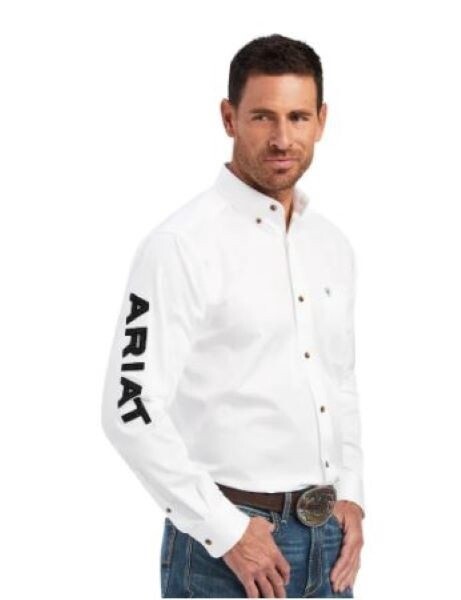 Ariat Men&#39;s Team Logo Twill Classic Fit Shirt Color: White/Black Style: 10046825