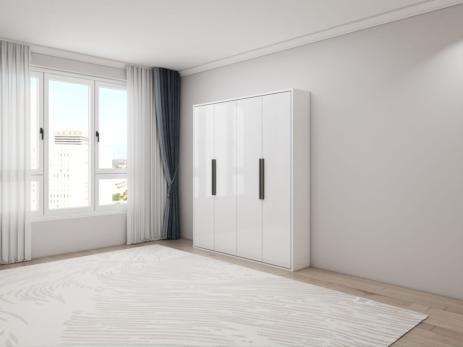 High-glossy white murphy bed in a vertical style which is folded up in a cabinet position to remain discreet.