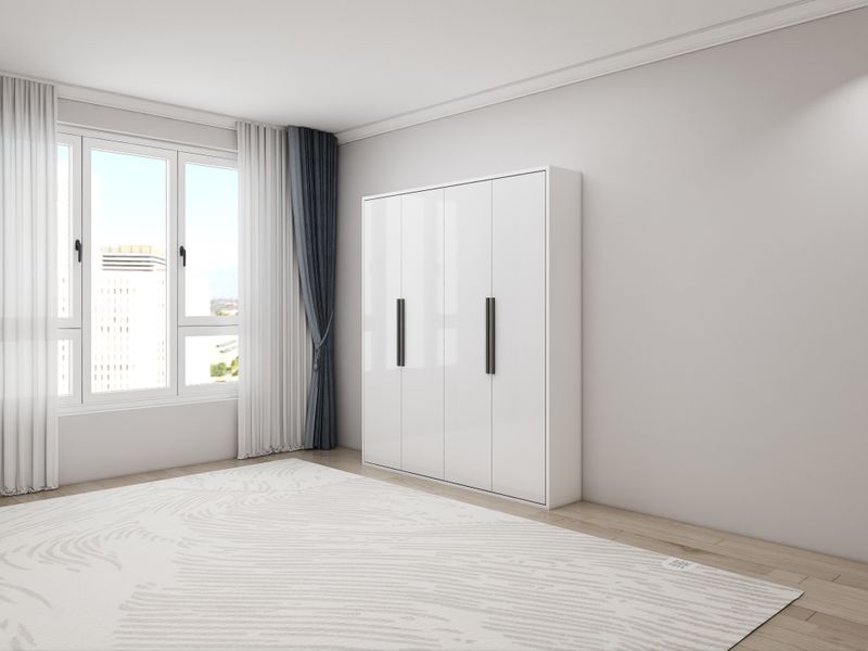 High-glossy white murphy bed in a vertical style which is folded up in a cabinet position to remain discreet.