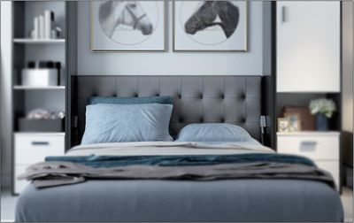 Dark Grey upholstered headboard on a murphy bed.