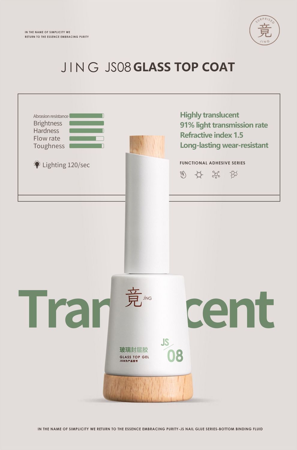 JING JS08 Glass Gel Top Coat 16ml 玻璃封层胶