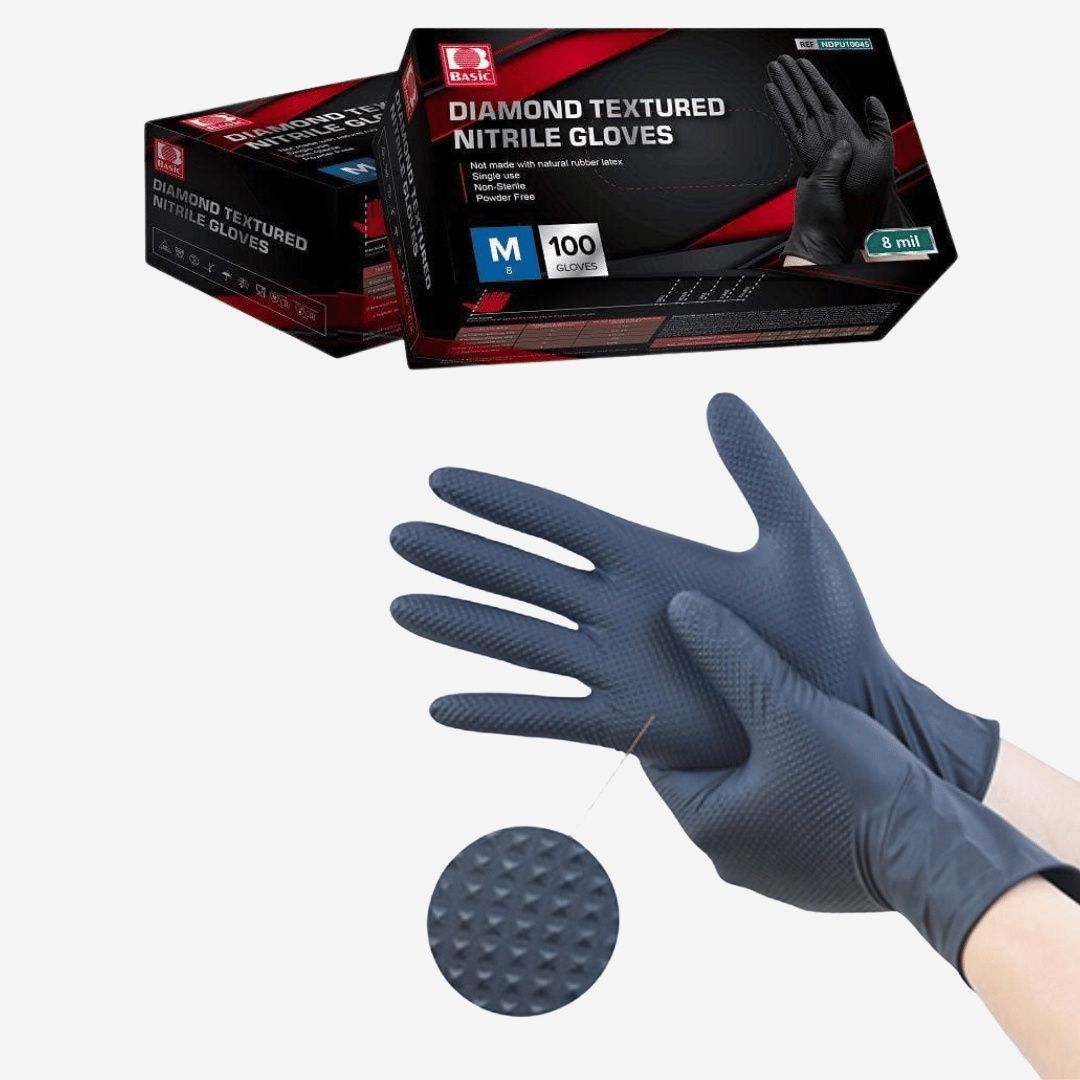 Basic Diamond Textured Black Nitrile Gloves 8 mil (100/box), Size: Medium