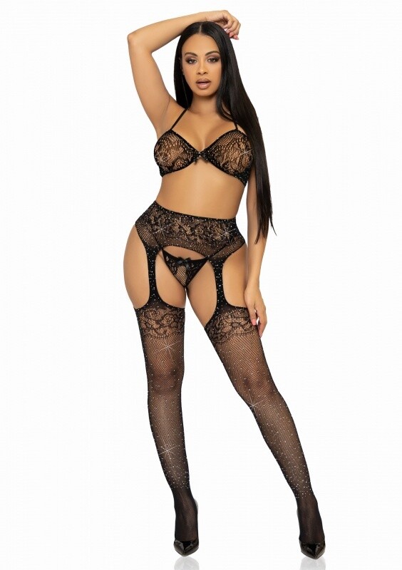 Bra Top, String And Stockings Zwart