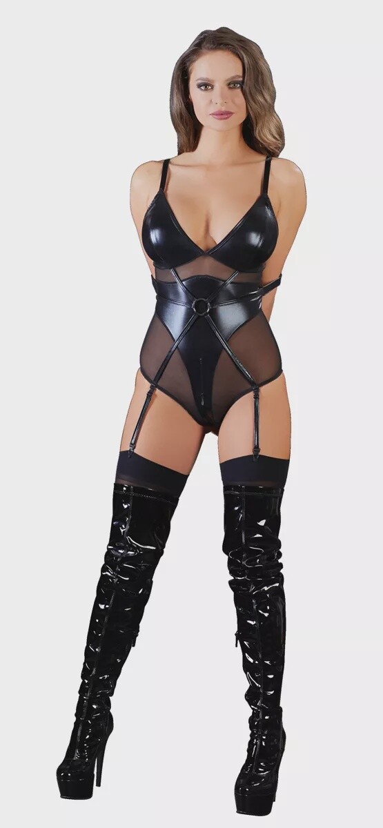 Bondage Jarretel Body Wetlook met Elleboog Riemen en Tepel Sluiting