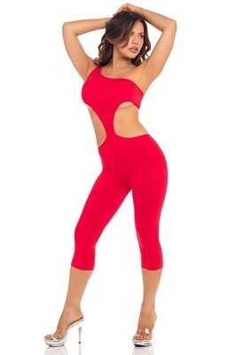 EEN SCHOUDER CROPPED CATSUIT ROOD