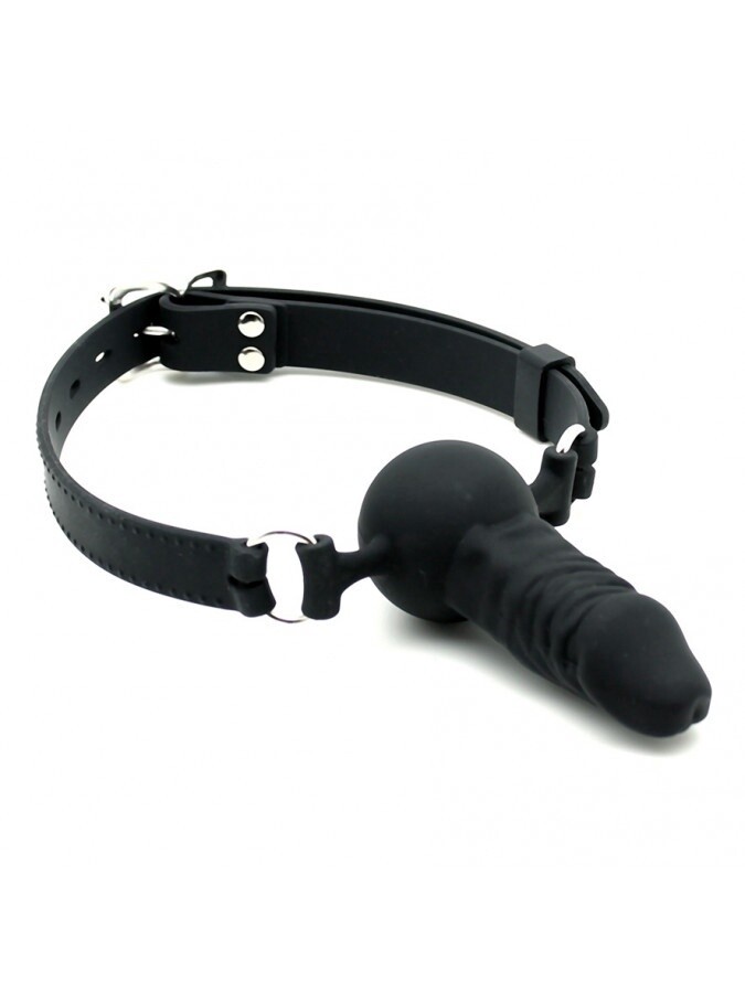 LATEX PLAY - MONDKNEVEL MET PENIS ( en Oslash 40 MM) - ZWART  en amp ZILVER