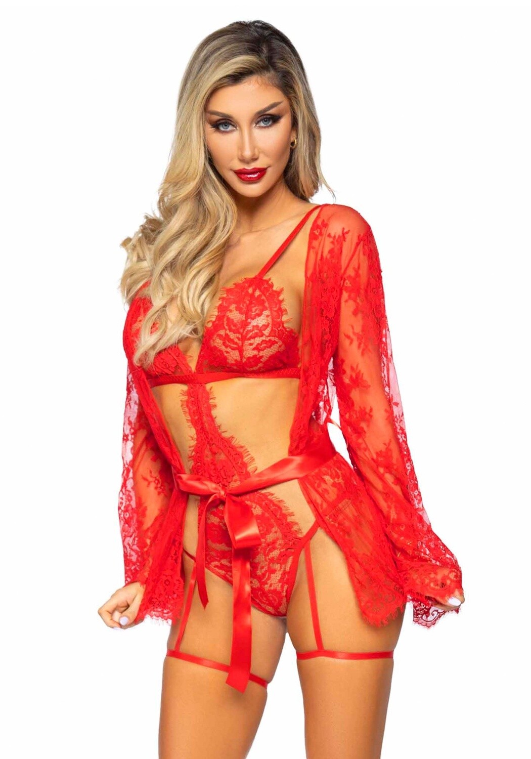 Teddy, lace robe  en amp ribbon Rood