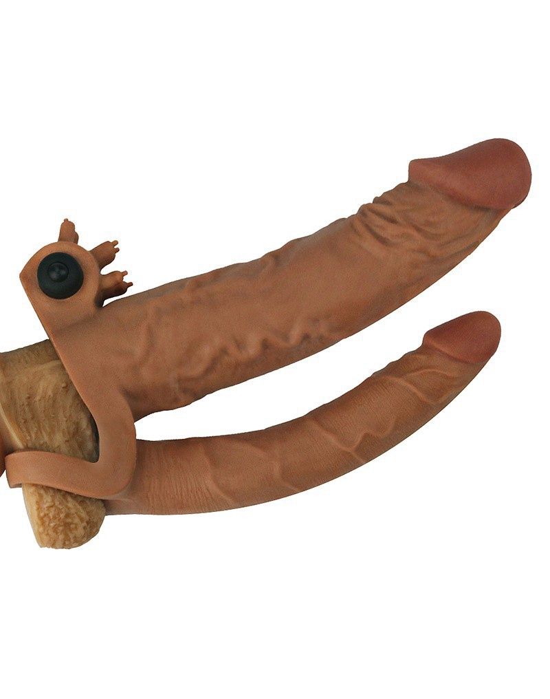 Pleasure X Tender Vibrating Double Penis Sleeve + 5 cm Bruin