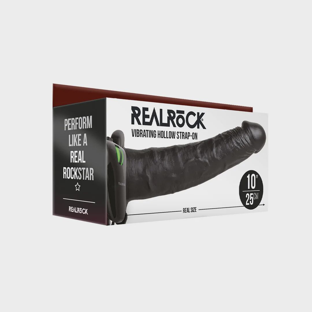 Vibrerende Holle Strap-On zonder Balletjes - 10&quot; / 24,5 cm Zwart