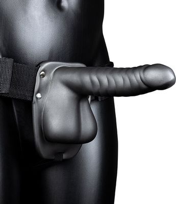 Ribbed Hollow Strap On with Balls  8" / 21 cm  Gunmetal