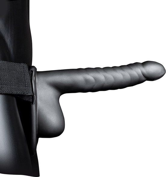 Ribbed Hollow Strap On with Balls  8&quot; / 21 cm  Gunmetal