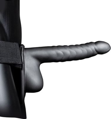 Ribbed Hollow Strap On with Balls  8&quot; / 21 cm  Gunmetal