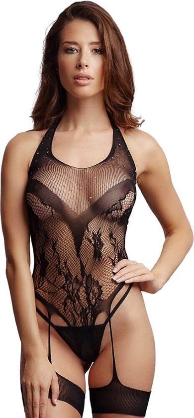 Crotchless Rhinestone Halter Teddy - One Size