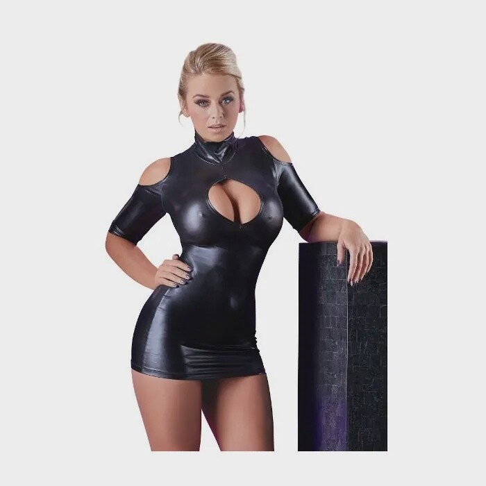 Cold Shoulder Wetlook Mini Jurkje Zwart