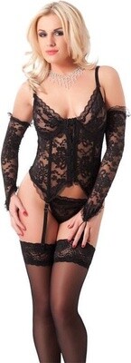 CORSET MET G-STRING HANDSCHOENEN EN KOUSEN ZWART