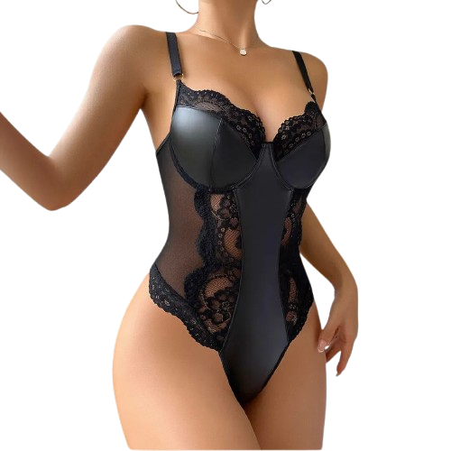 Lace and Faux Leather Bodysuit