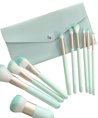 Make Up Borstel Set 10 stuks - Kwalitatieve Vegan make-up borstel set met opbergzak - in een zachte opvallend groene kleur