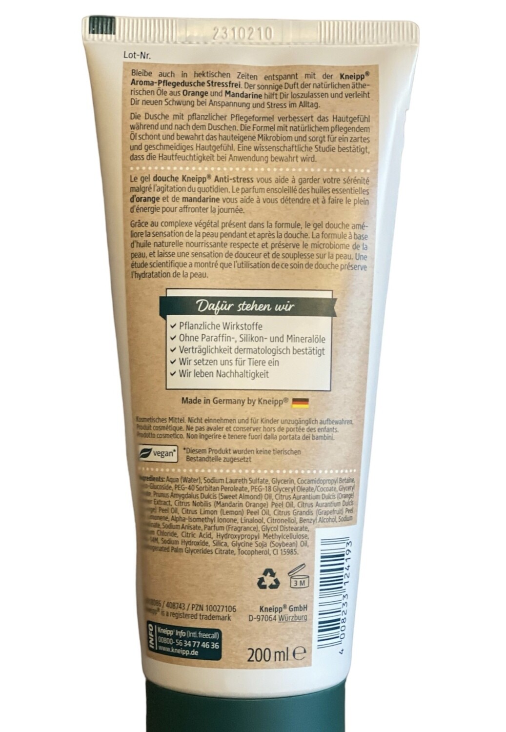 Kneipp Douchegel- Stress vrij- Verfrissende douchegel met Mandarijn - Natuurlijke aromatische stress vrij douchegel met mandarijn - Hydraterende Body Wash